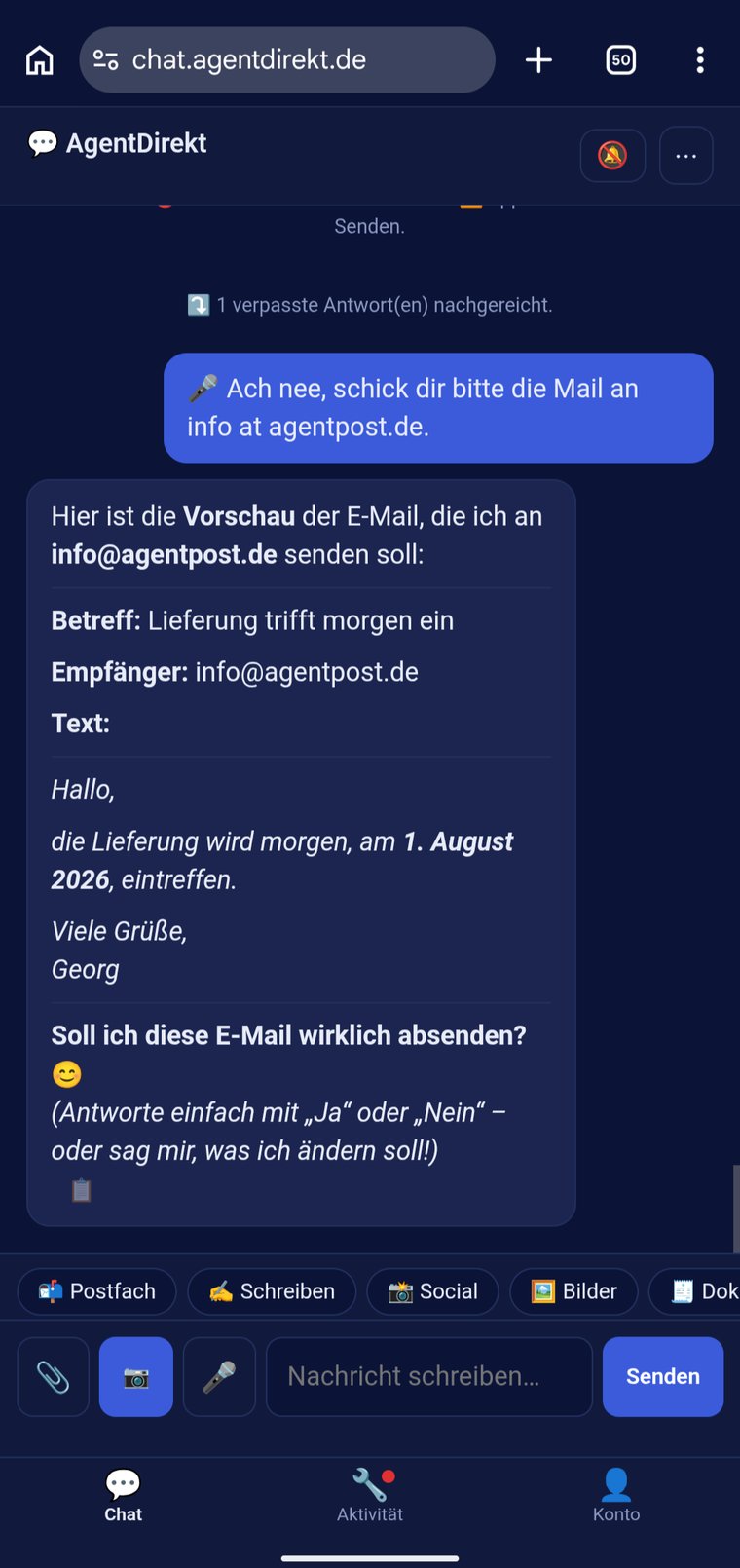 Der Assistent zeigt im Chat den vollständigen Entwurf mit Empfänger, Betreff und Text und fragt nach