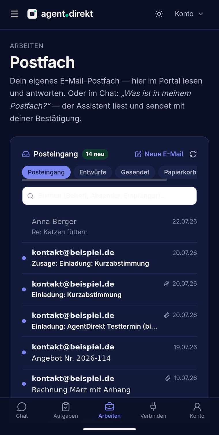 Der Posteingang im Kundenportal mit den Ordner-Reitern Posteingang, Entwürfe, Gesendet und Papierkorb