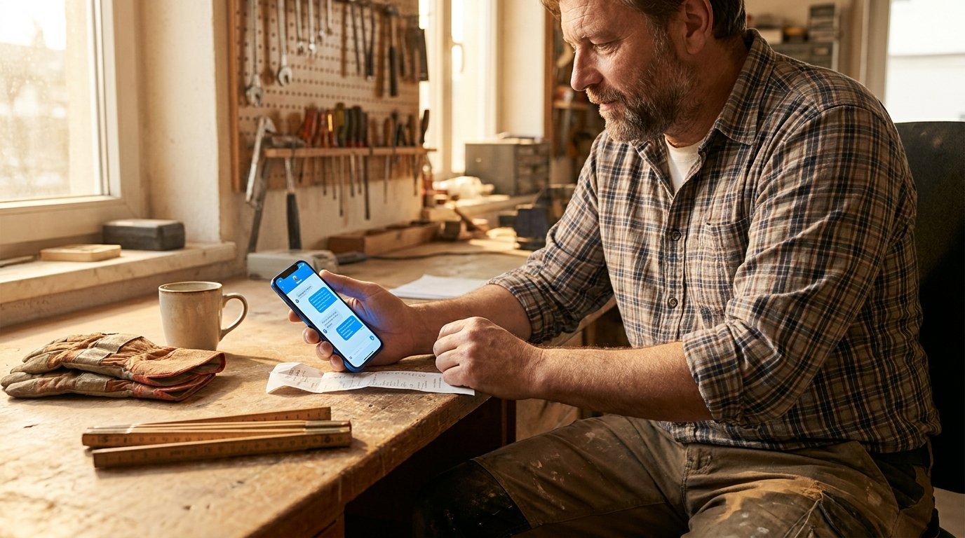 Handwerker fotografiert am Schreibtisch einen Kassenbon mit dem Smartphone