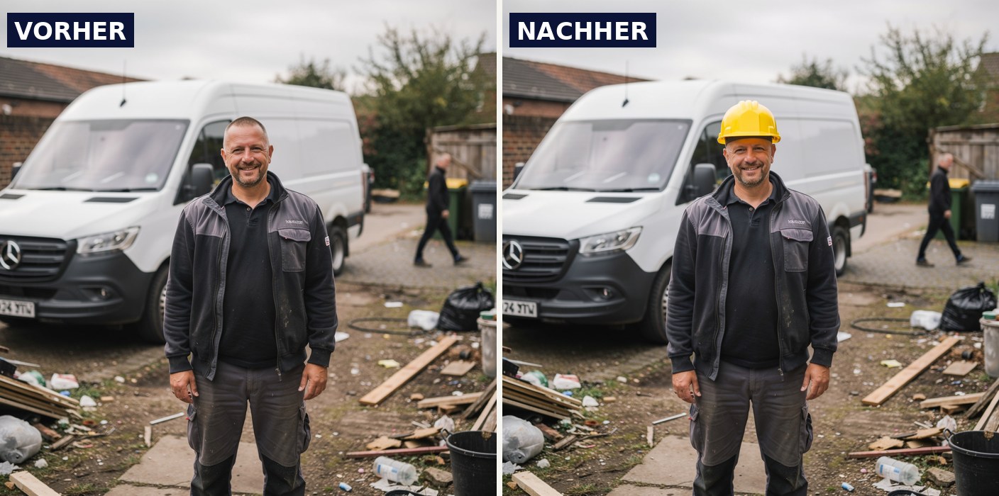 Vorher-Nachher: Gelber Schutzhelm per Anweisung hinzugefügt