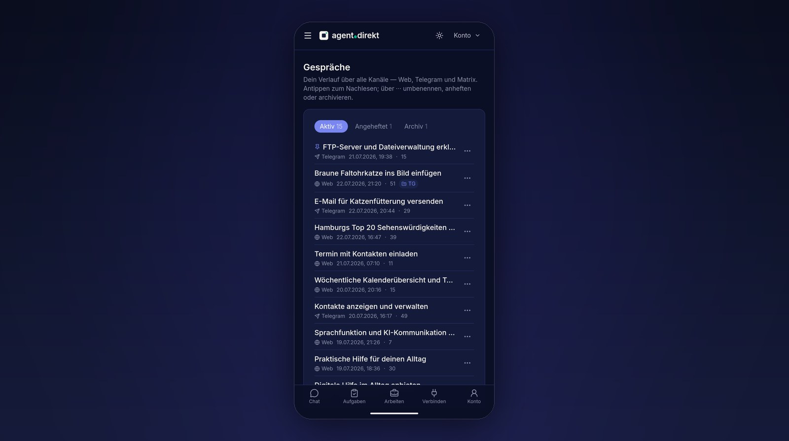 Die Gesprächsliste von AgentDirekt auf dem Smartphone — Unterhaltungen aus Web, Telegram und Matrix gemeinsam, mit Kanalanzeige und angehefteten Themen