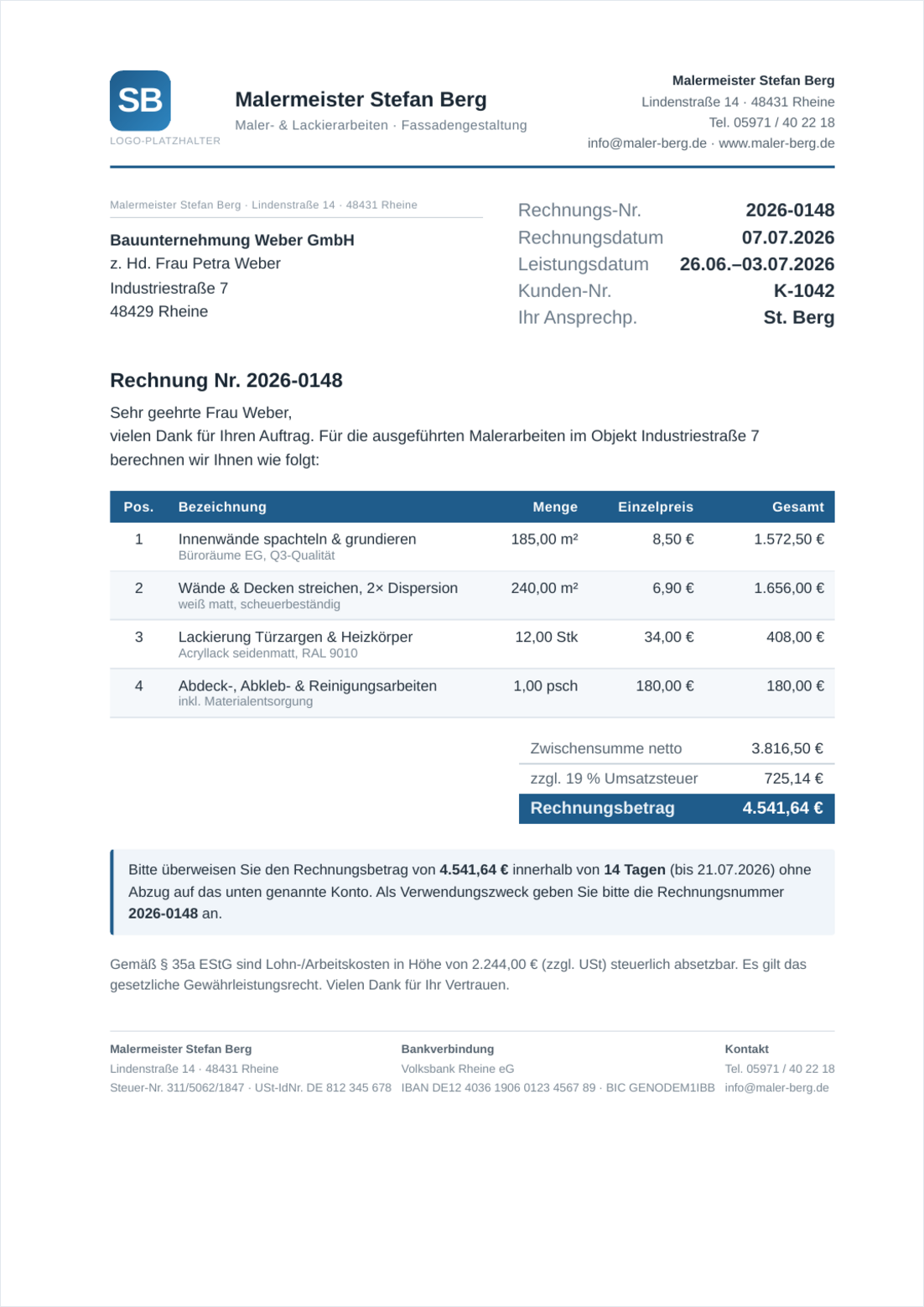 Muster: Rechnung im DIN-Briefformat, wie sie der Assistent erstellt