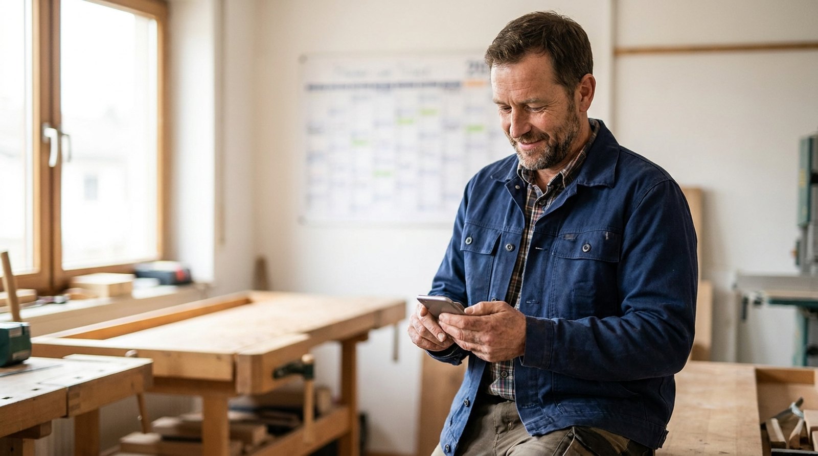 Handwerker schaut aufs Smartphone, im Hintergrund ein Wandkalender mit Terminen