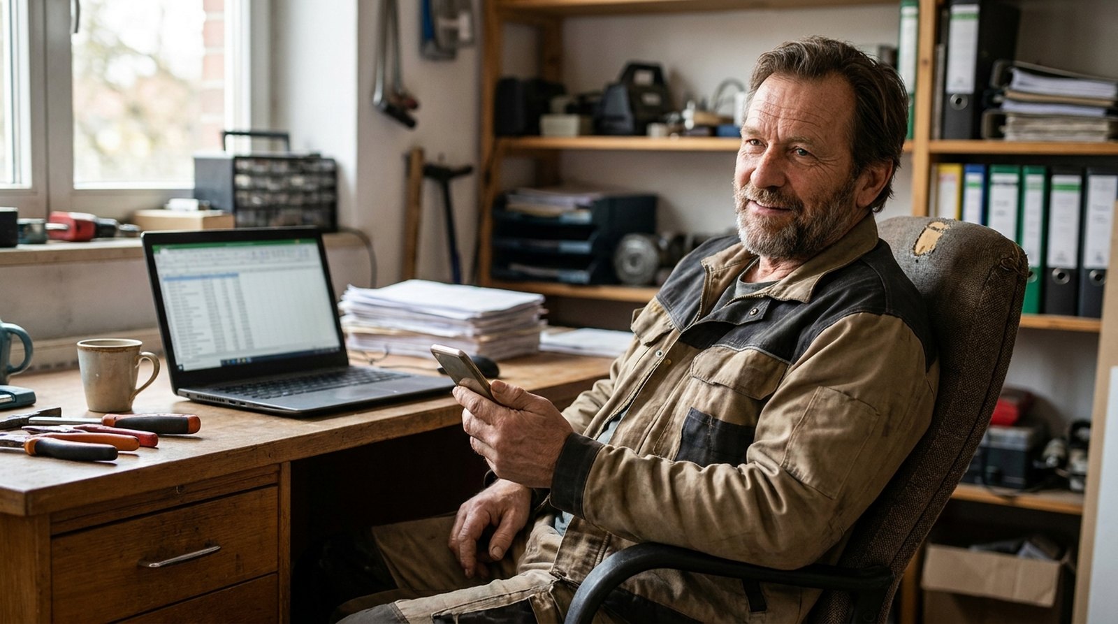 Handwerker am Schreibtisch mit Laptop und Unterlagen, das Smartphone in der Hand