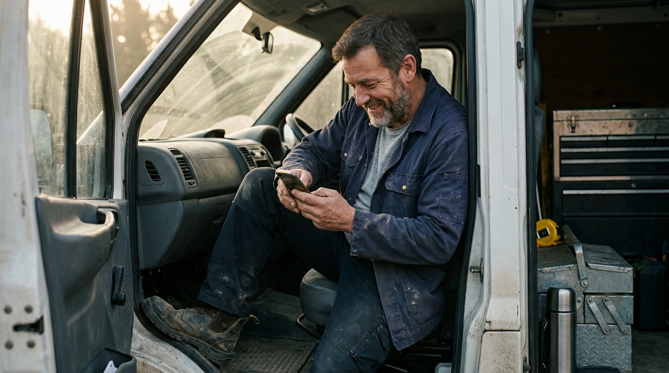 Handwerker sitzt im Transporter und liest auf dem Smartphone die Zusammenfassung seiner E-Mails